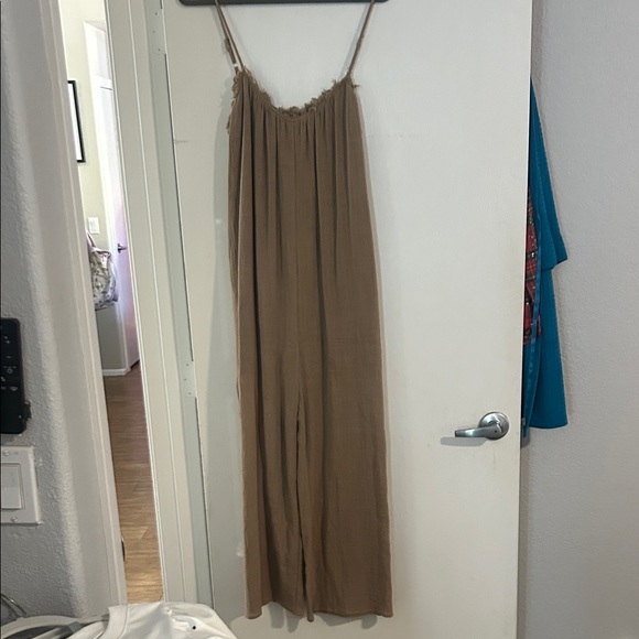 Very J Linen Tan Jumpsuit with Tie Waist - Picture 3 of 5